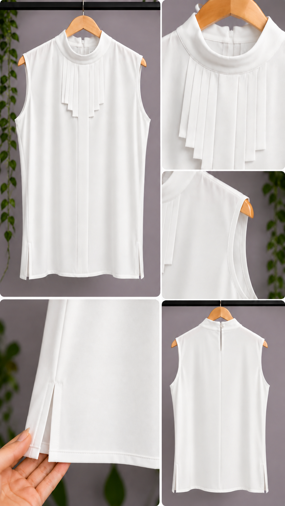 splus-2307-white-top-details.webp مجموعه تصاویر جزئیات تاپ سفید اسپلاس کد ۲۳۰۷ شامل یقه پیلهدار، حلقه آستین، چاک پهلو و نمای پشت
