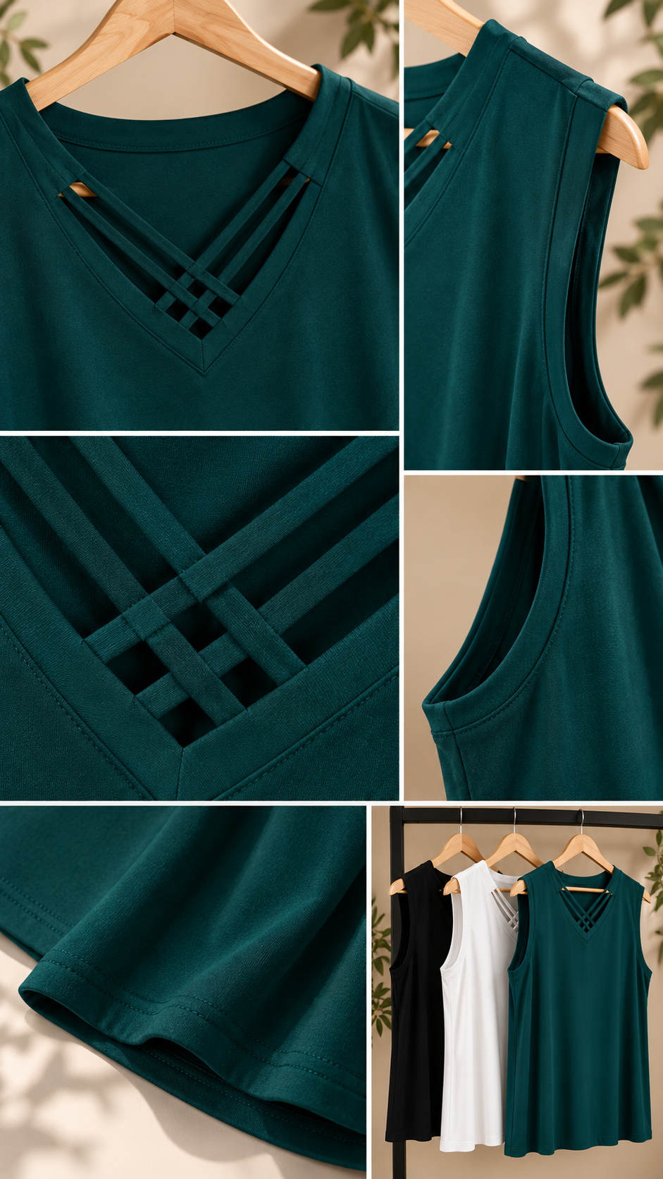 splus-2315-top-neck-fabric-details.webp مجموعه تصاویر جزئیات تاپ یقه بندی اسپلاس کد ۲۳۱۵ شامل بندهای ضربدری یقه، حلقه آستین، بافت پارچه و دوخت لبه