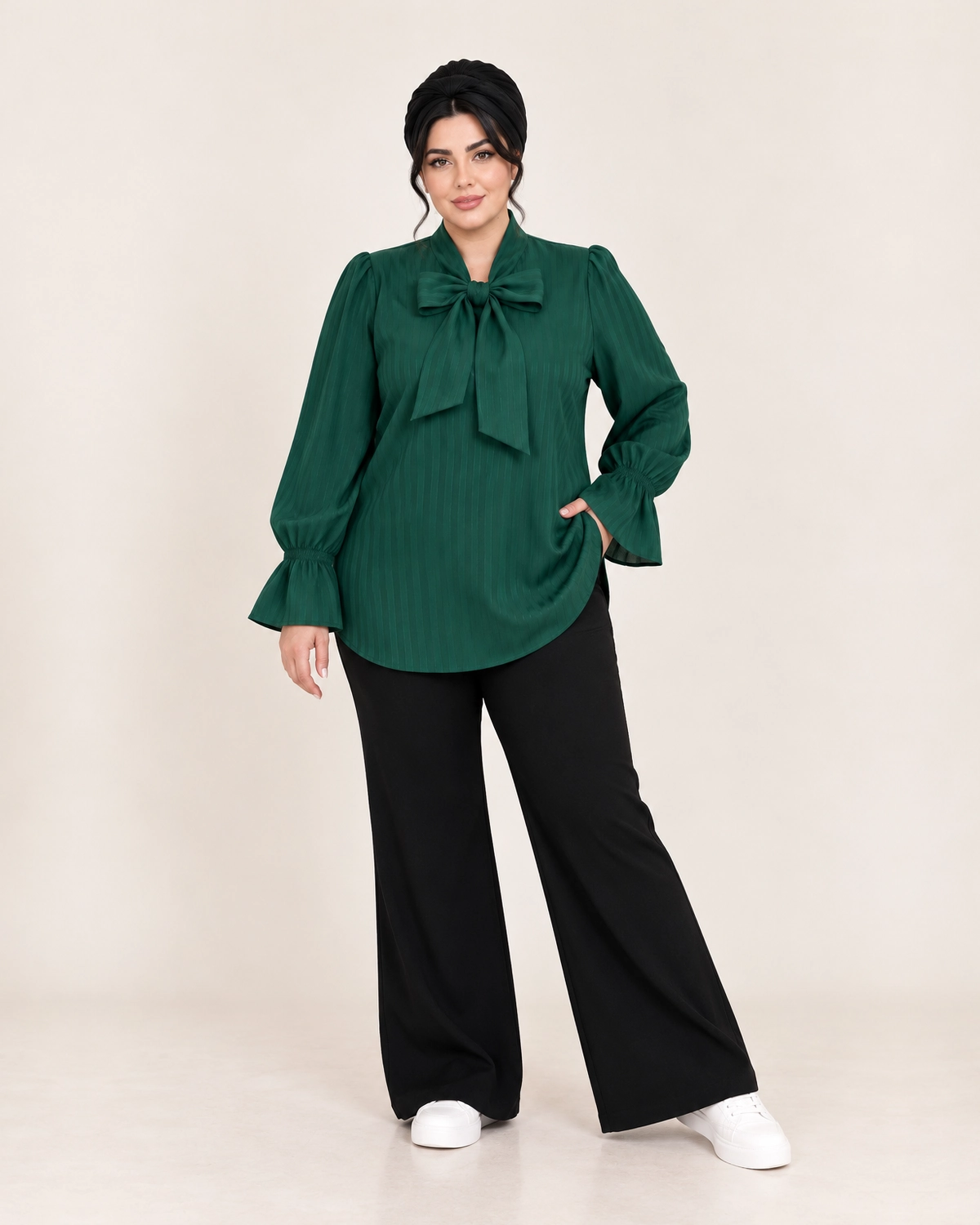 splus-2327-deep-green-tie-neck-blouse-front.webp