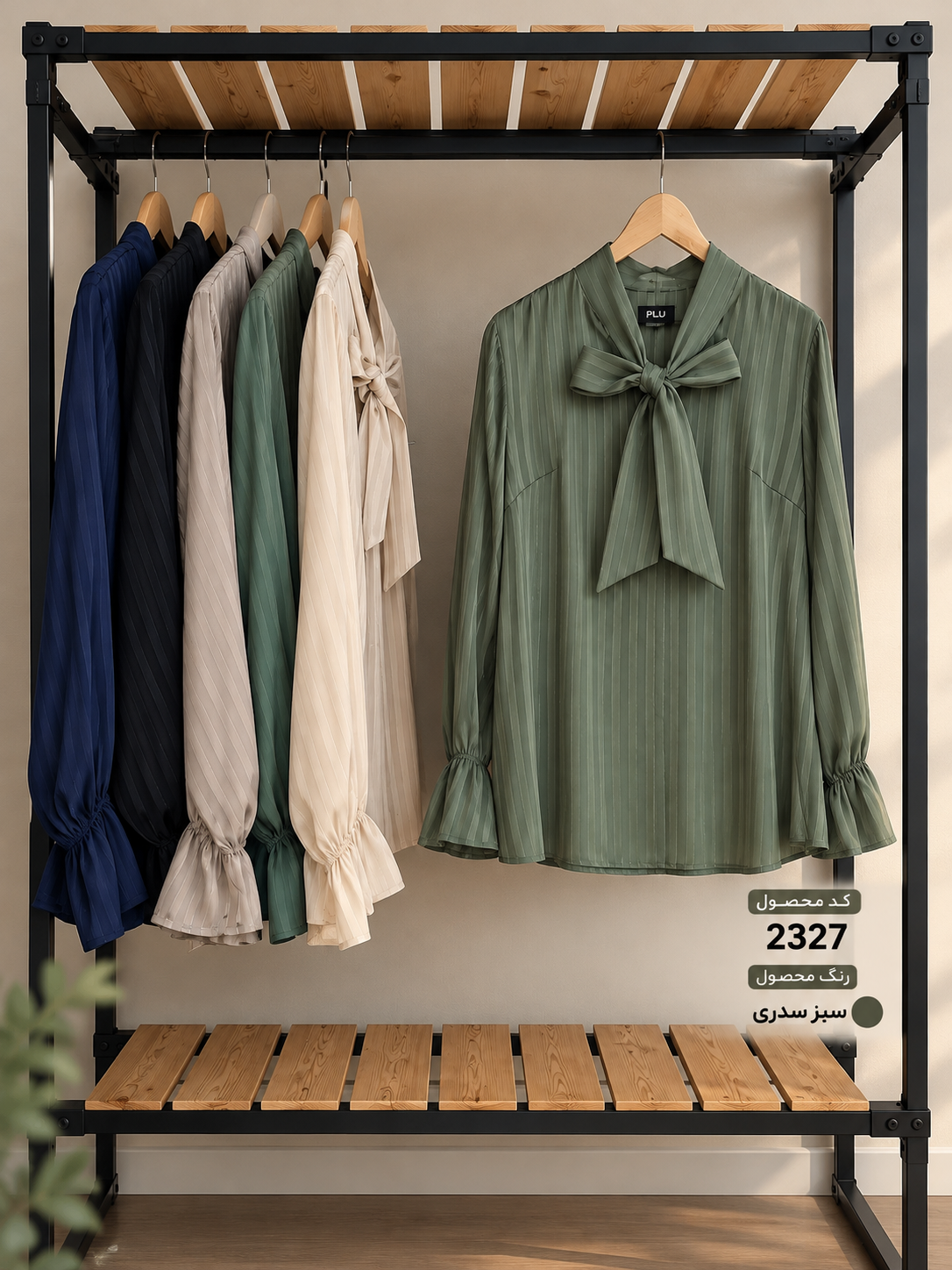 splus-2327-sage-green-hanger.webp شومیز سبز سدری پاپیونی کد ۲۳۲۷ روی چوبلباسی