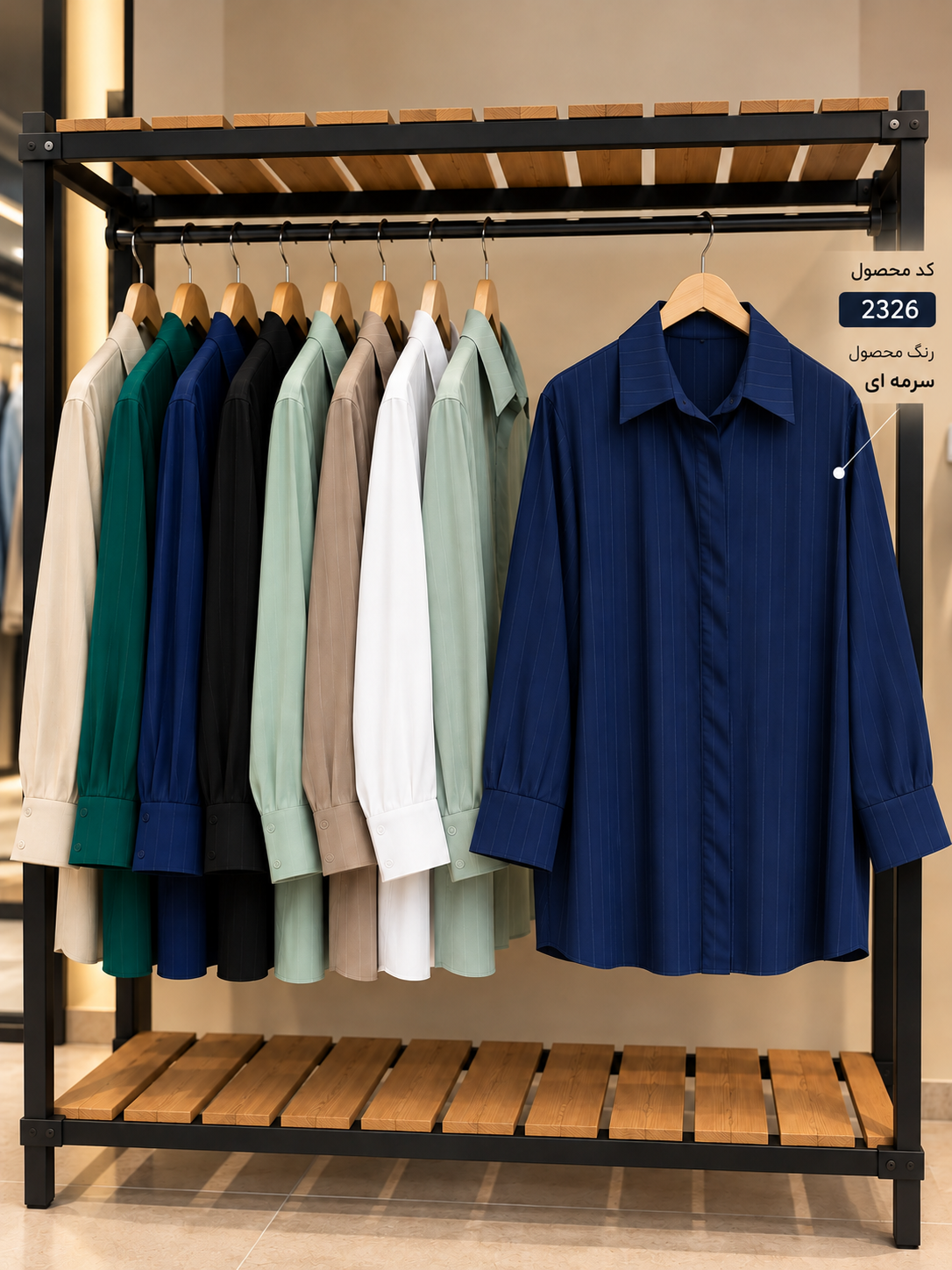 splus-2326-navy-striped-blouse-hanger.webp شومیز زنانه سرمهای راهراه کد ۲۳۲۶ روی رگال با یقه کلاسیک و آستین دکمهدار