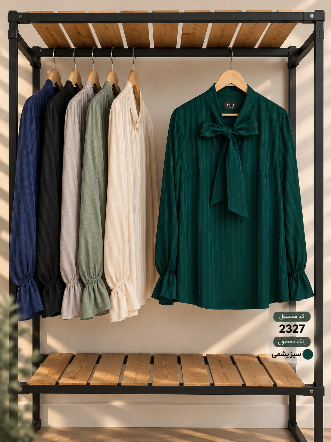 splus-2327-deep-green-hanger.webp شومیز یقه پاپیونی سبز یشمی کد ۲۳۲۷ روی رگال