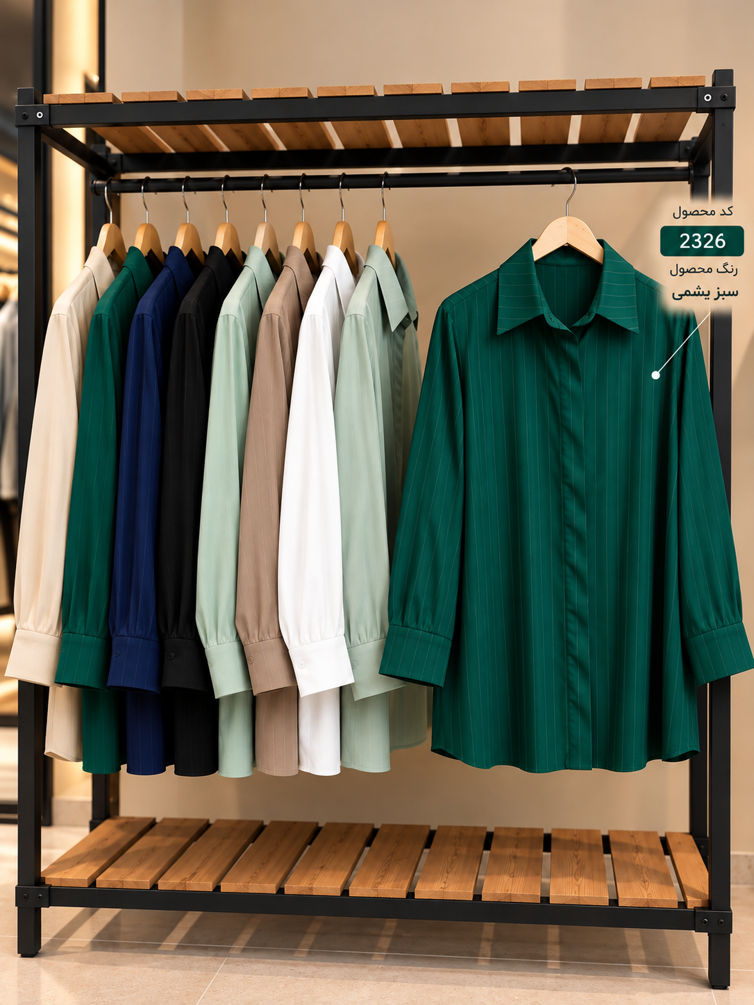 splus-2326-emerald-green-rack-display.webp نمای دیگر شومیز سبز یشمی راهراه کد ۲۳۲۶ روی رگال در کنار رنگهای دیگر