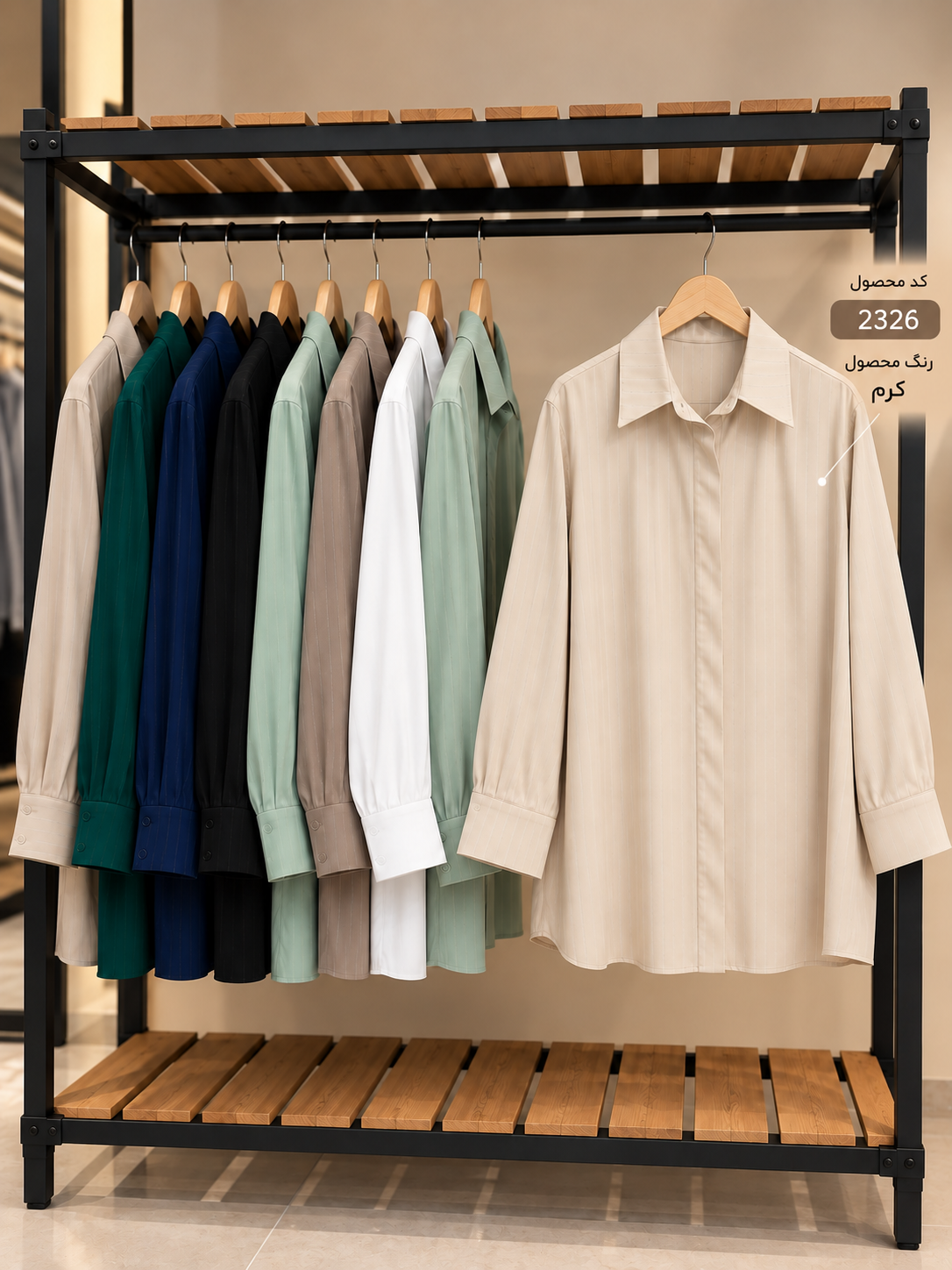 splus-2326-cream-striped-blouse-hanger.webp شومیز زنانه راهراه کرم کد ۲۳۲۶ روی رگال با یقه مردانه و آستین بلند