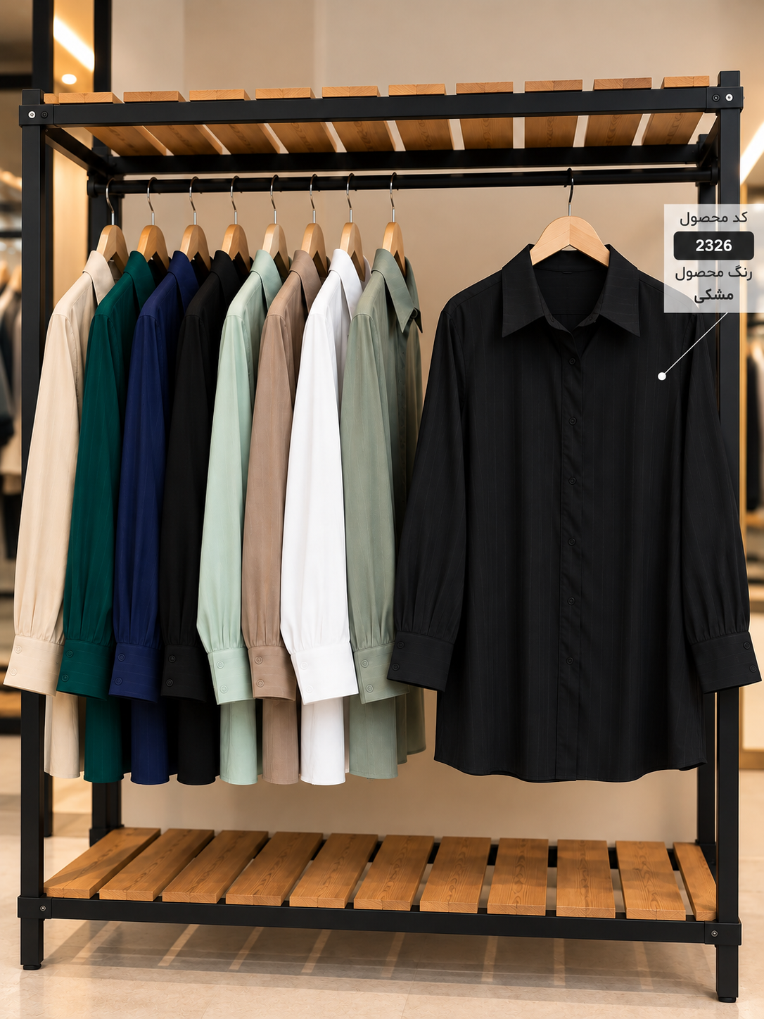 splus-2326-black-striped-blouse-hanger.webp شومیز زنانه راهراه کرم کد ۲۳۲۶ روی رگال با یقه مردانه و آستین بلند