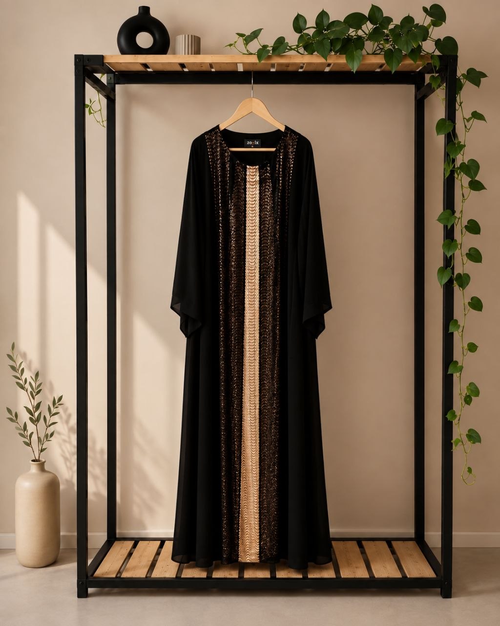 splus-3021-chiffon-evening-dress-hanger-02.webp نمای جلوی پیراهن مجلسی مشکی و مسی کد ۳۰۲۱ آویزان روی رگال با فرم بلند و آزاد