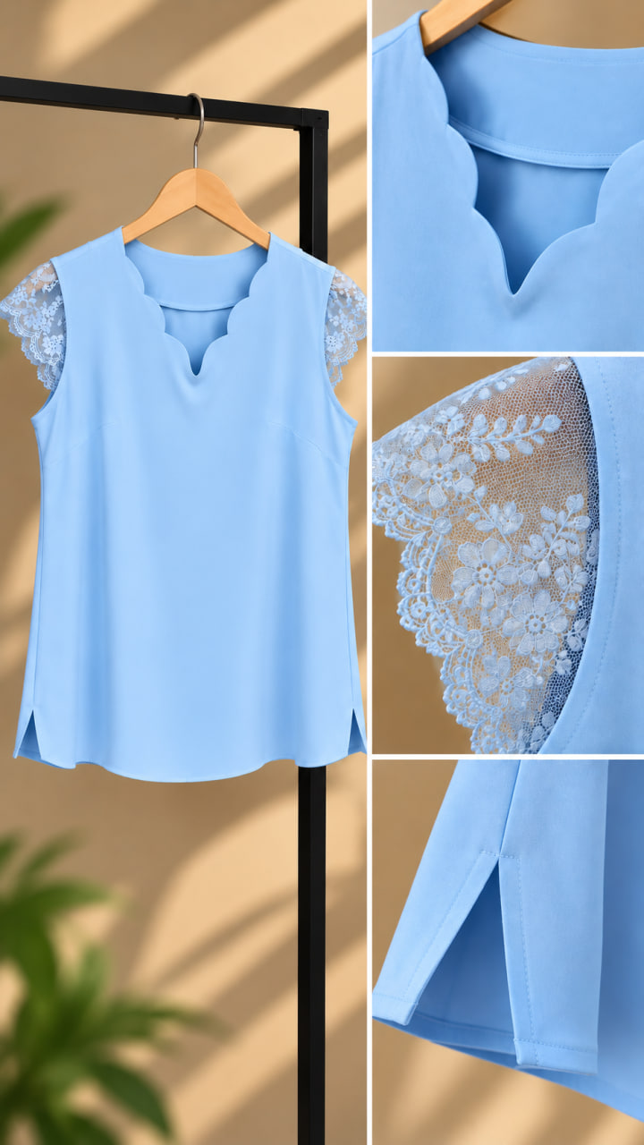 splus-4408-scalloped-neck-lace-details.webp نمای نزدیک جزئیات تاپ دالبری کد ۴۴۰۸ شامل یقه دالبری، گیپور گلدار سرشانه و چاک پایین پهلو