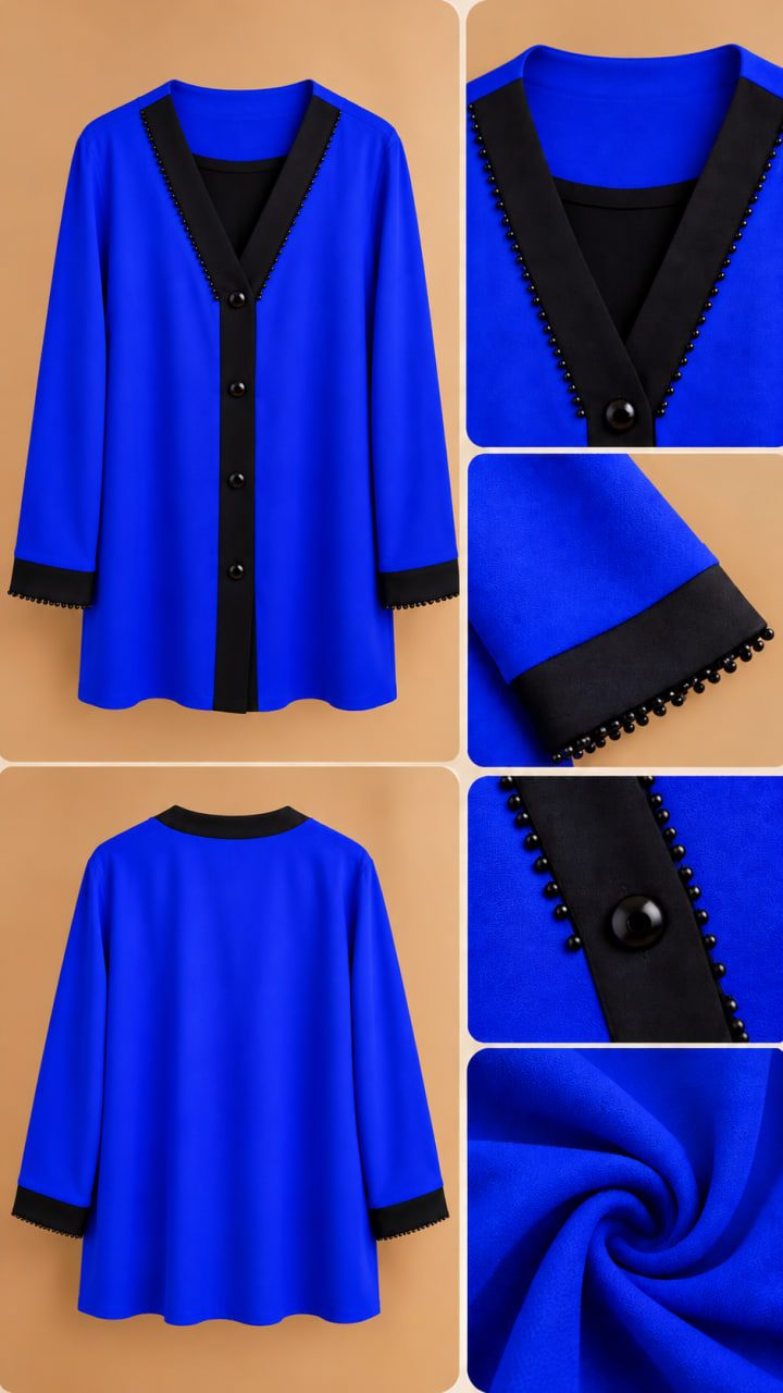 splus-2320-blouse-design-details.webp مجموعه تصاویر جزئیات شومیز لچکی اسپلاس کد ۲۳۲۰ شامل یقه هفت نواردوزیشده، دکمههای جلو، سرآستین و بافت پارچه
