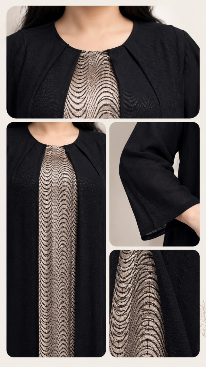 splus-3021-black-gold-chiffon-dress-detail-collage.webp جزئیات پیراهن مجلسی حریر کد ۳۰۲۱