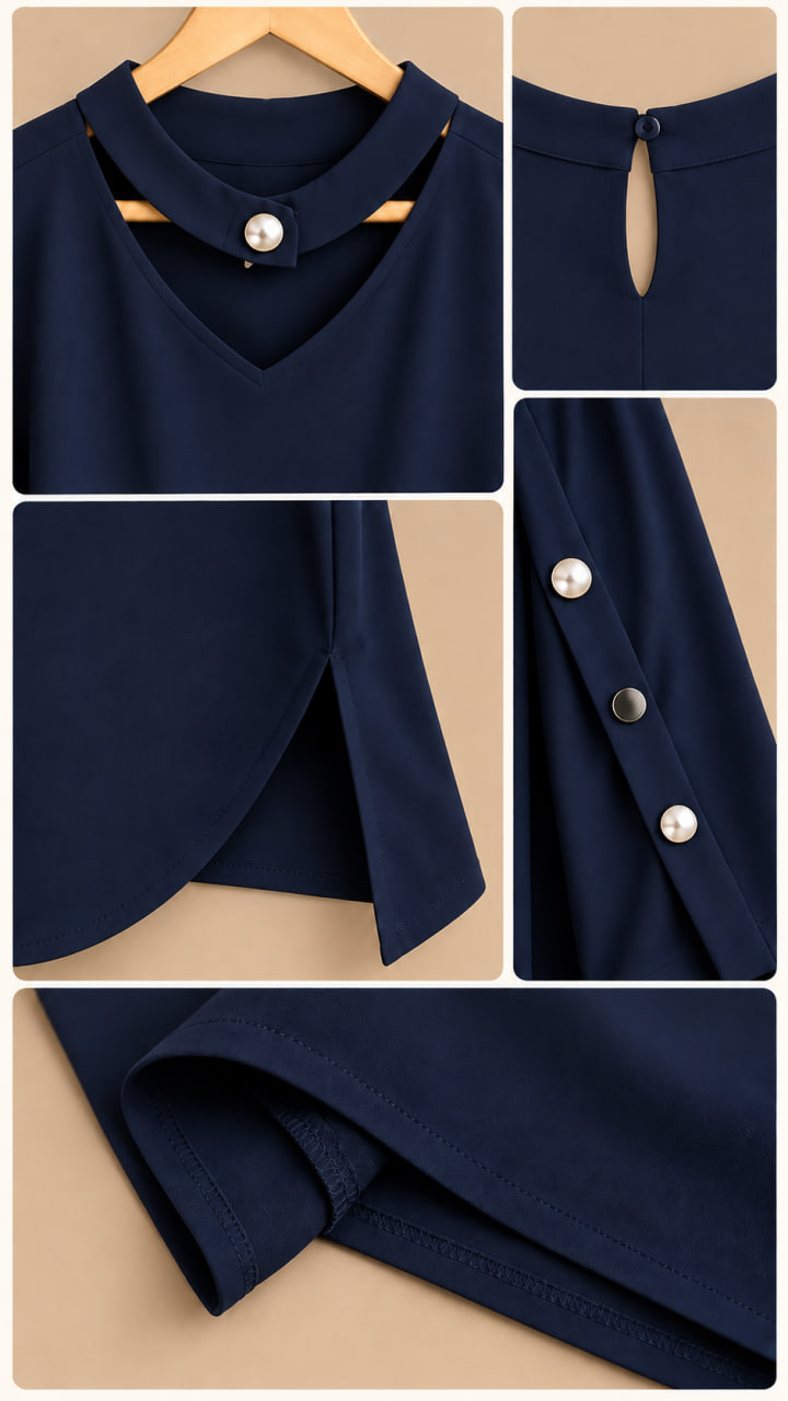 splus-4405-blouse-details.webp جزئیات شومیز زنانه دو یقه کد ۴۴۰۵ شامل بند یقه، بست پشت یقه، دکمههای تزئینی آستین و دوخت لبه لباس